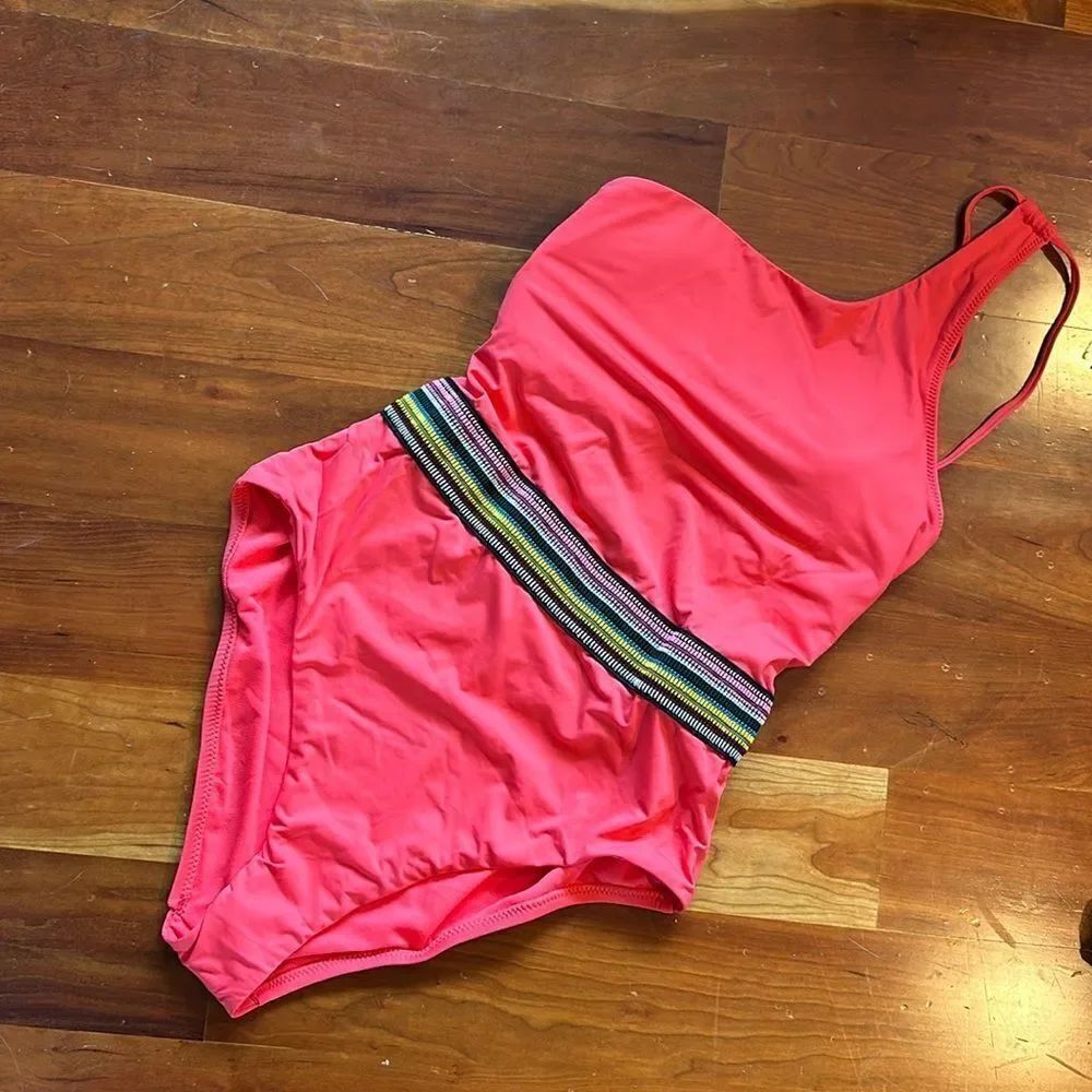 Amavi hot coral one shoulder one piece with belt detail